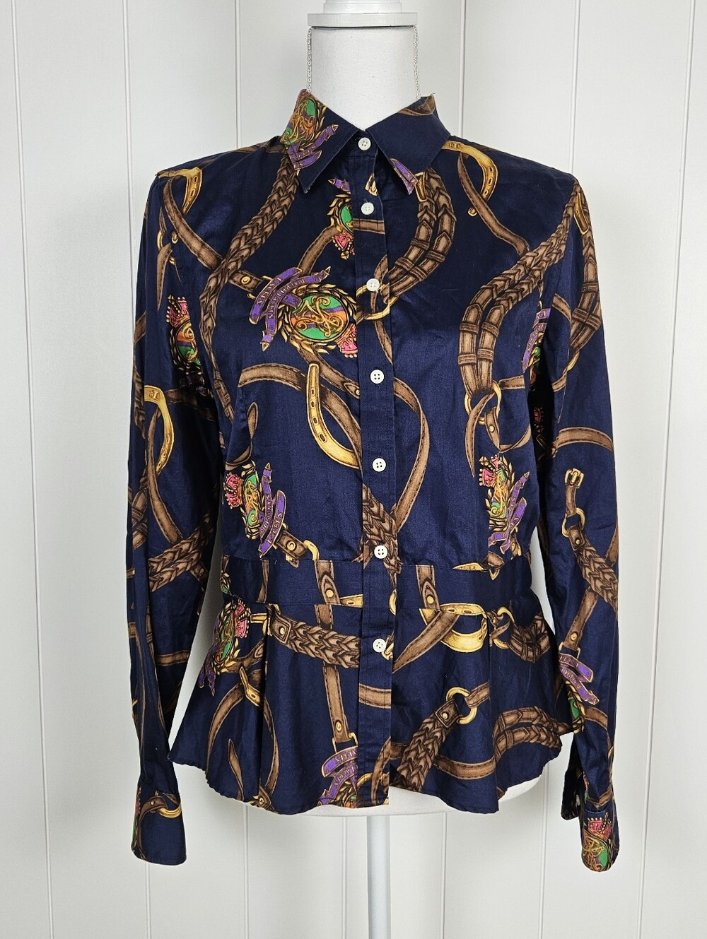 Vtg Lauren Ralph Lauren Blouse Equestrian Peplum Button Long Sleeve Chain Womens